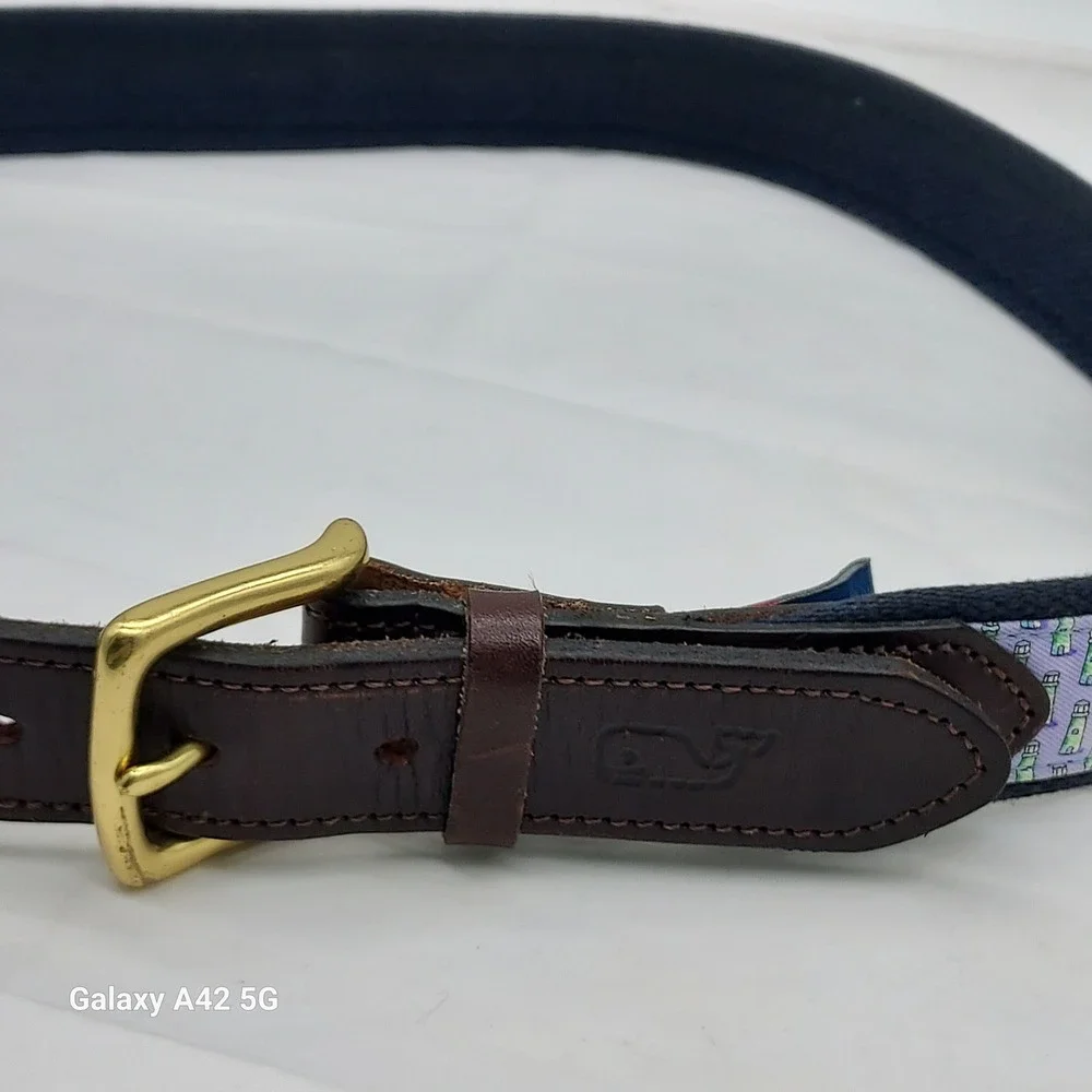 Vineyard Vines Mens Canvas Club Belt 34 Sunscreen Print Lavender Leather USA